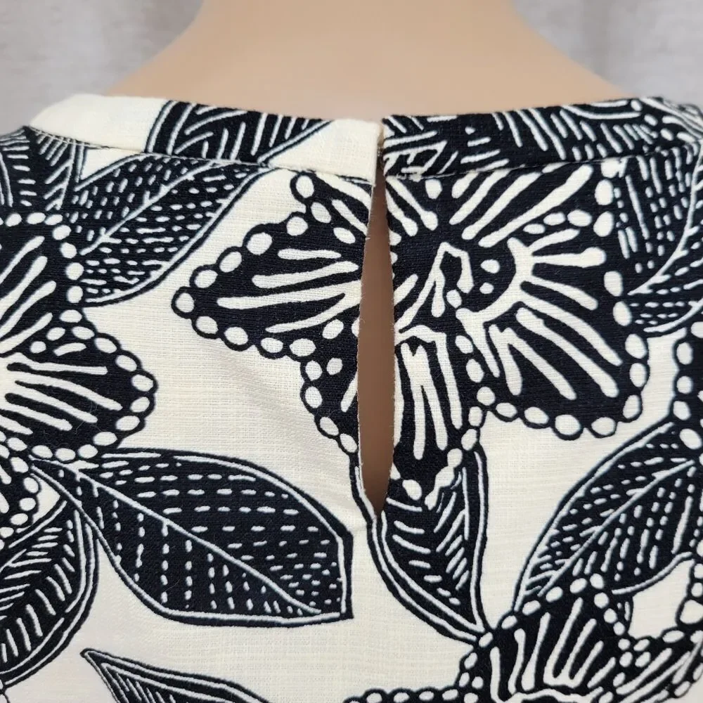 J Crew Women Sleeveless Polynesian Floral Print Dress Ivory Black A-Line Cotton
